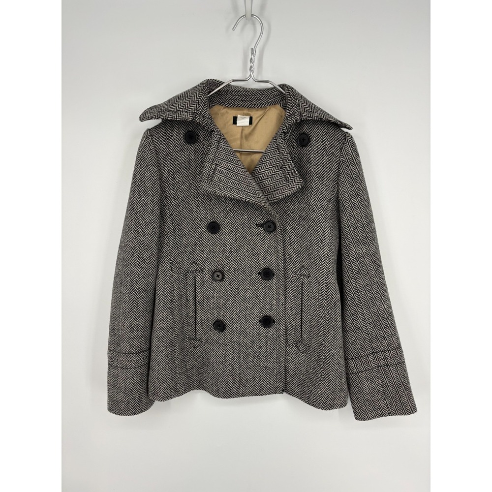 J.Crew Pea Coat Womens S Black White Herringbone Wool Double Breasted 2007 Y2K